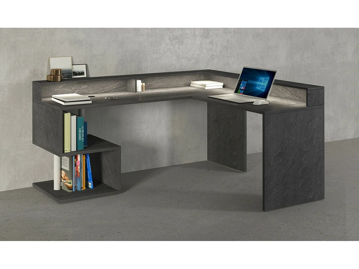Bureau Albert, Bureau d'angle avec étagères de rangement avec lampes LED, Bureau polyvalent avec plateau, 180x60h93 cm, Ardoise