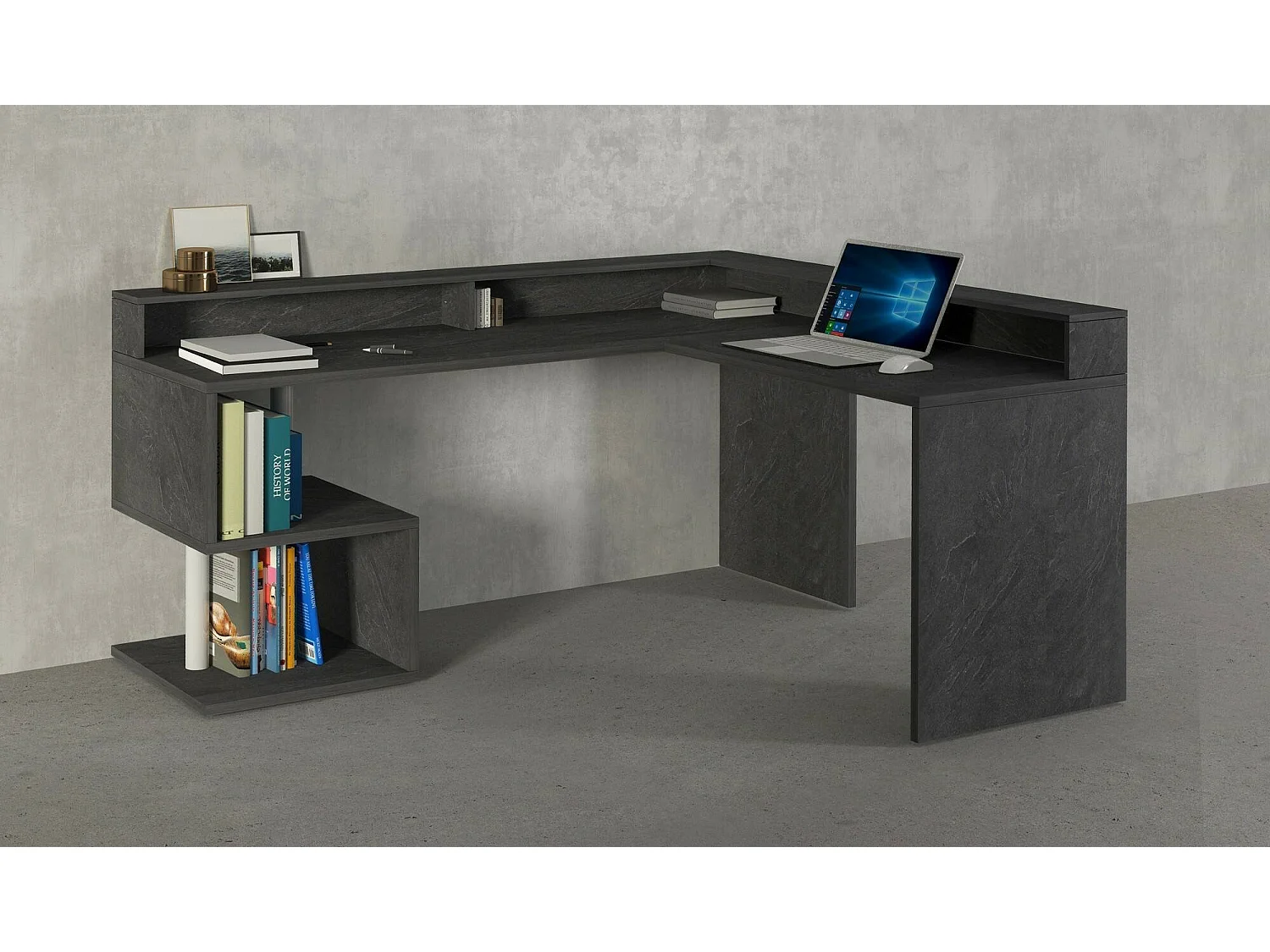 Bureau Albert, Bureau d'angle avec étagères de rangement avec lampes LED, Bureau polyvalent avec plateau, 180x60h93 cm, Ardoise