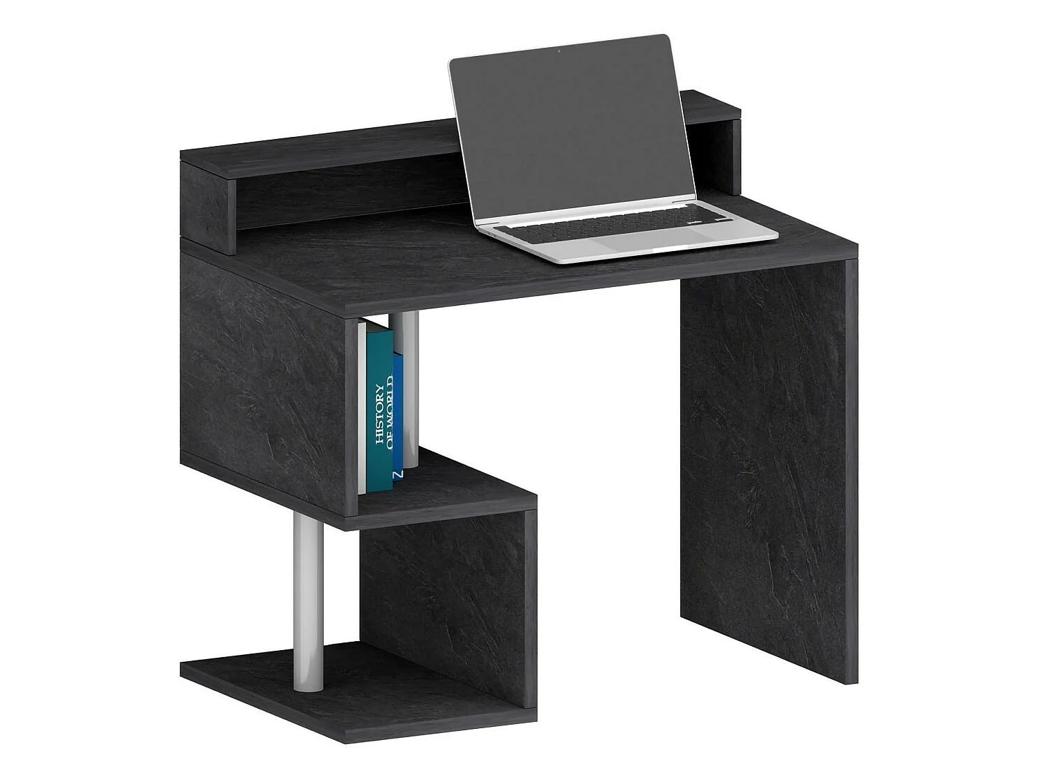 Bureau Silvio, Bureau linéaire avec étagères de rangement, Bureau polyvalent avec plateau, 100x50h93 cm, Ardoise
