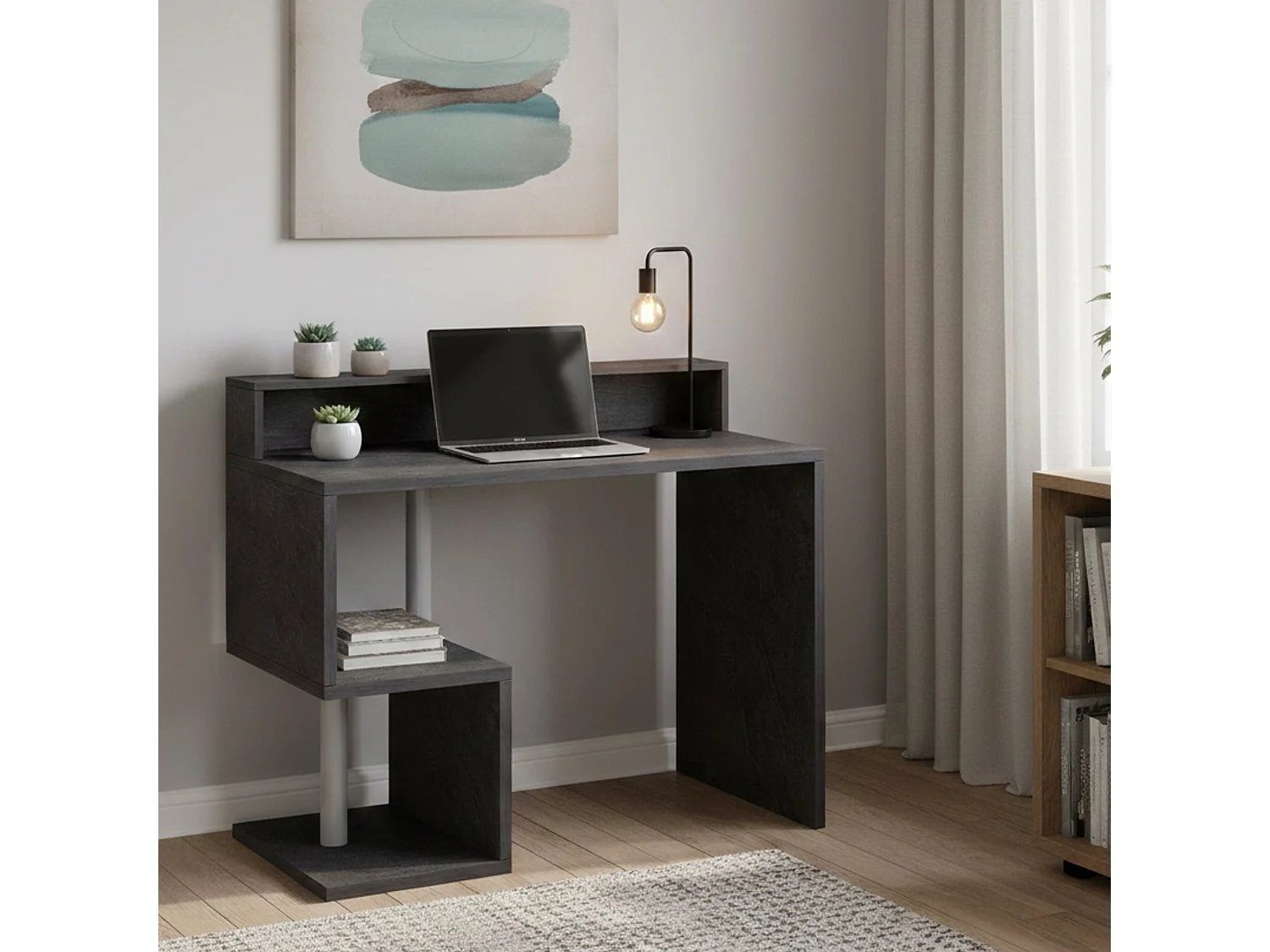 Bureau Silvio, Bureau linéaire avec étagères de rangement, Bureau polyvalent avec plateau, 100x50h93 cm, Ardoise