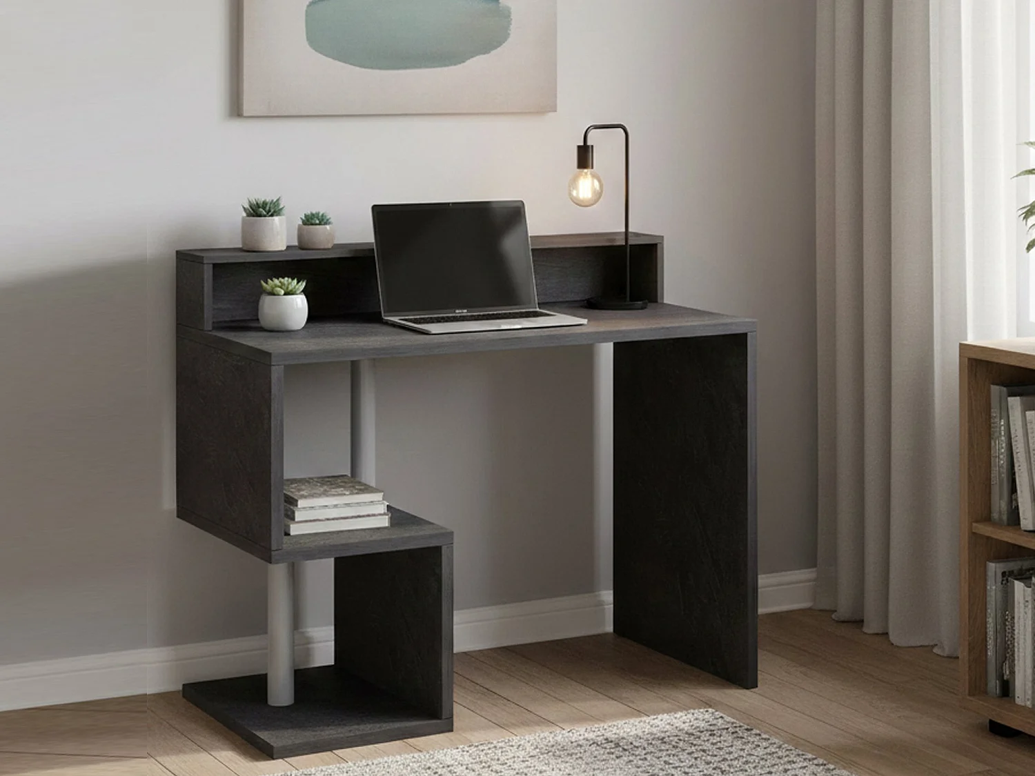 Bureau Silvio, Bureau linéaire avec étagères de rangement, Bureau polyvalent avec plateau, 100x50h93 cm, Ardoise