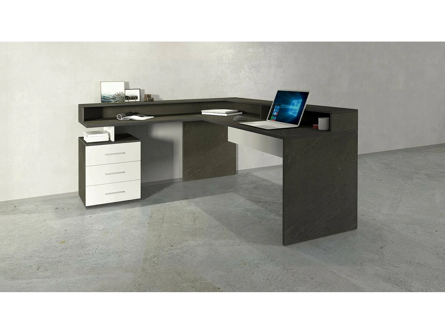 Dcerretell-kantoor, hoekkantoor met bovensteen, multifunctionele kantoor, 180x90h160 cm, wit en leisteen