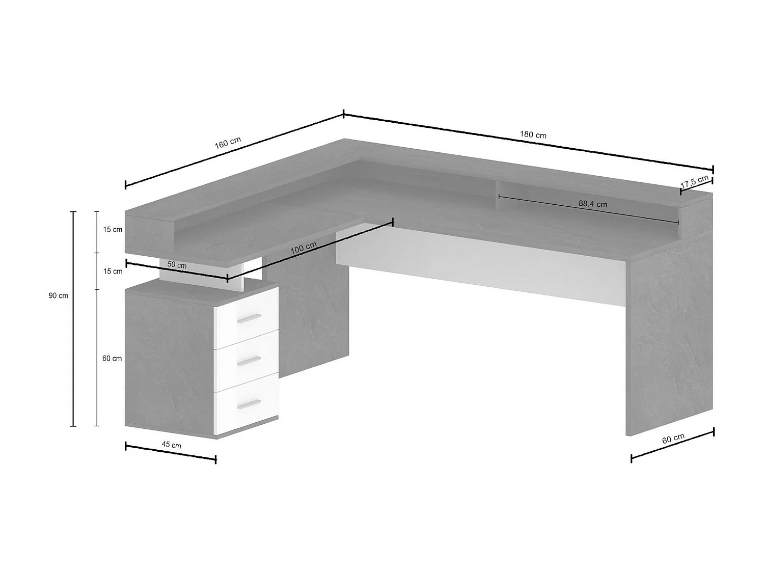 Bureau Salomone, Bureau d'angle avec plateau, Bureau polyvalent, 180x90h160 cm, Blanc et Ardoise