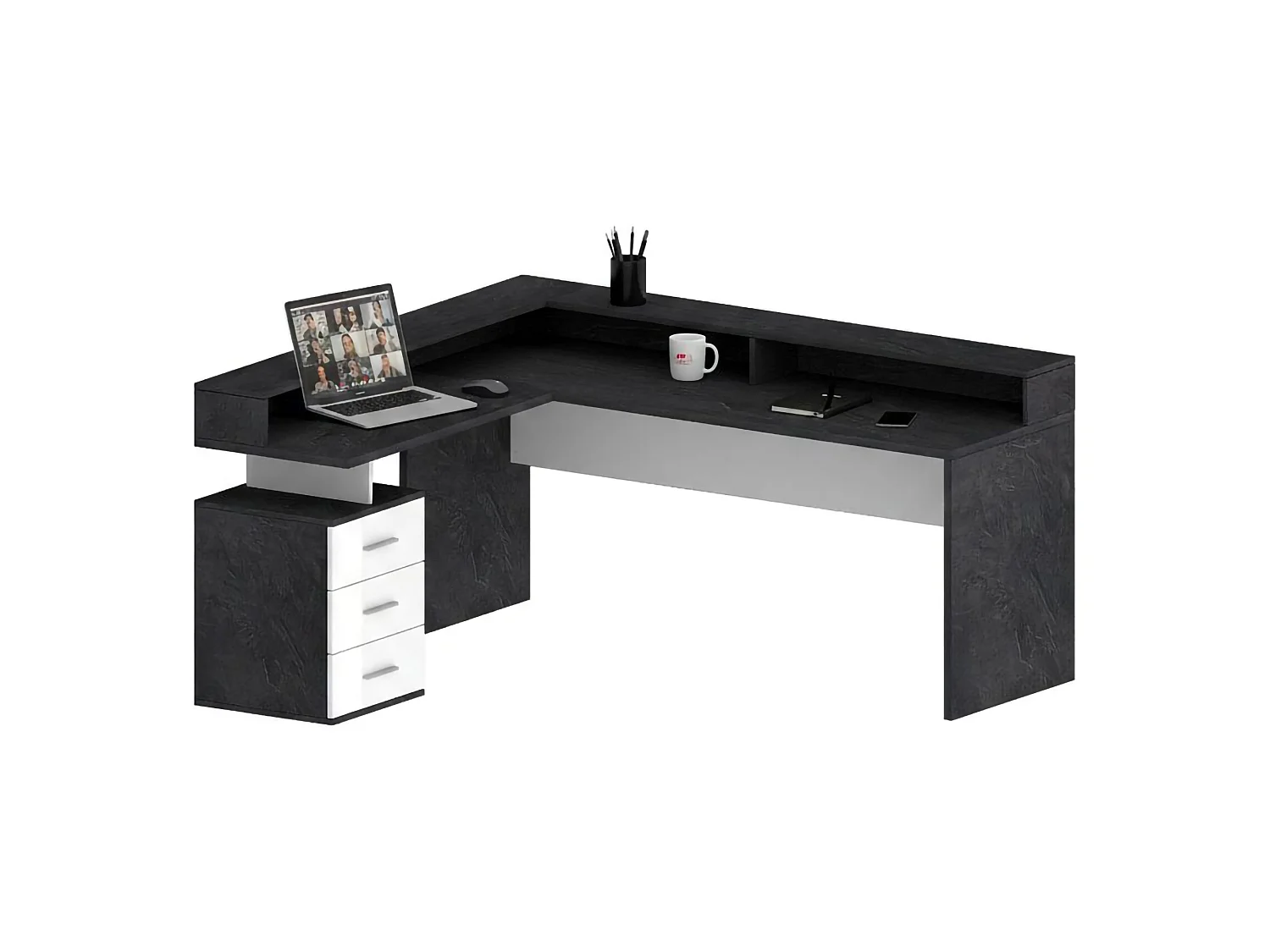 Bureau Salomone, Bureau d'angle avec plateau, Bureau polyvalent, 180x90h160 cm, Blanc et Ardoise