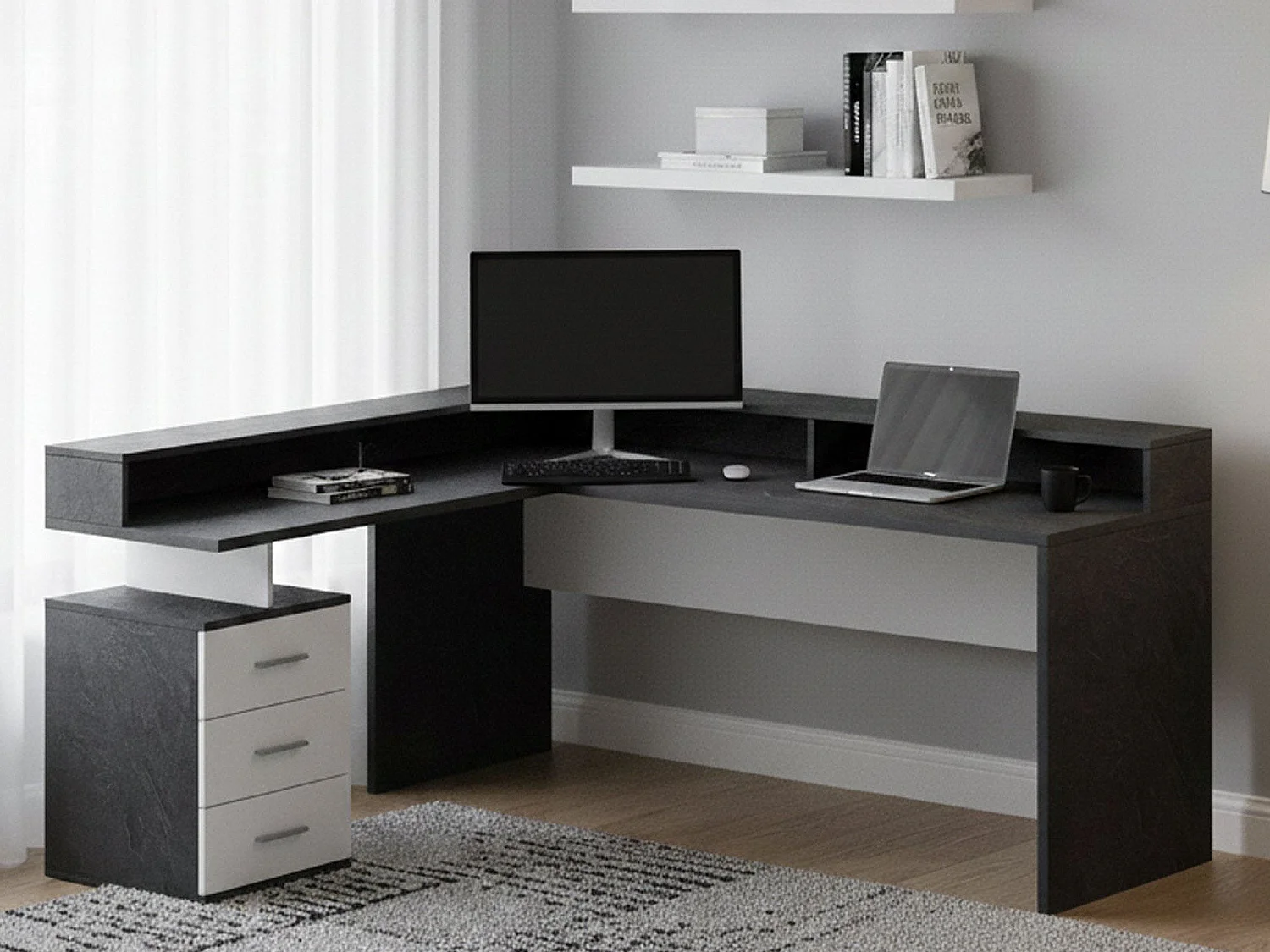 Bureau Salomone, Bureau d'angle avec plateau, Bureau polyvalent, 180x90h160 cm, Blanc et Ardoise