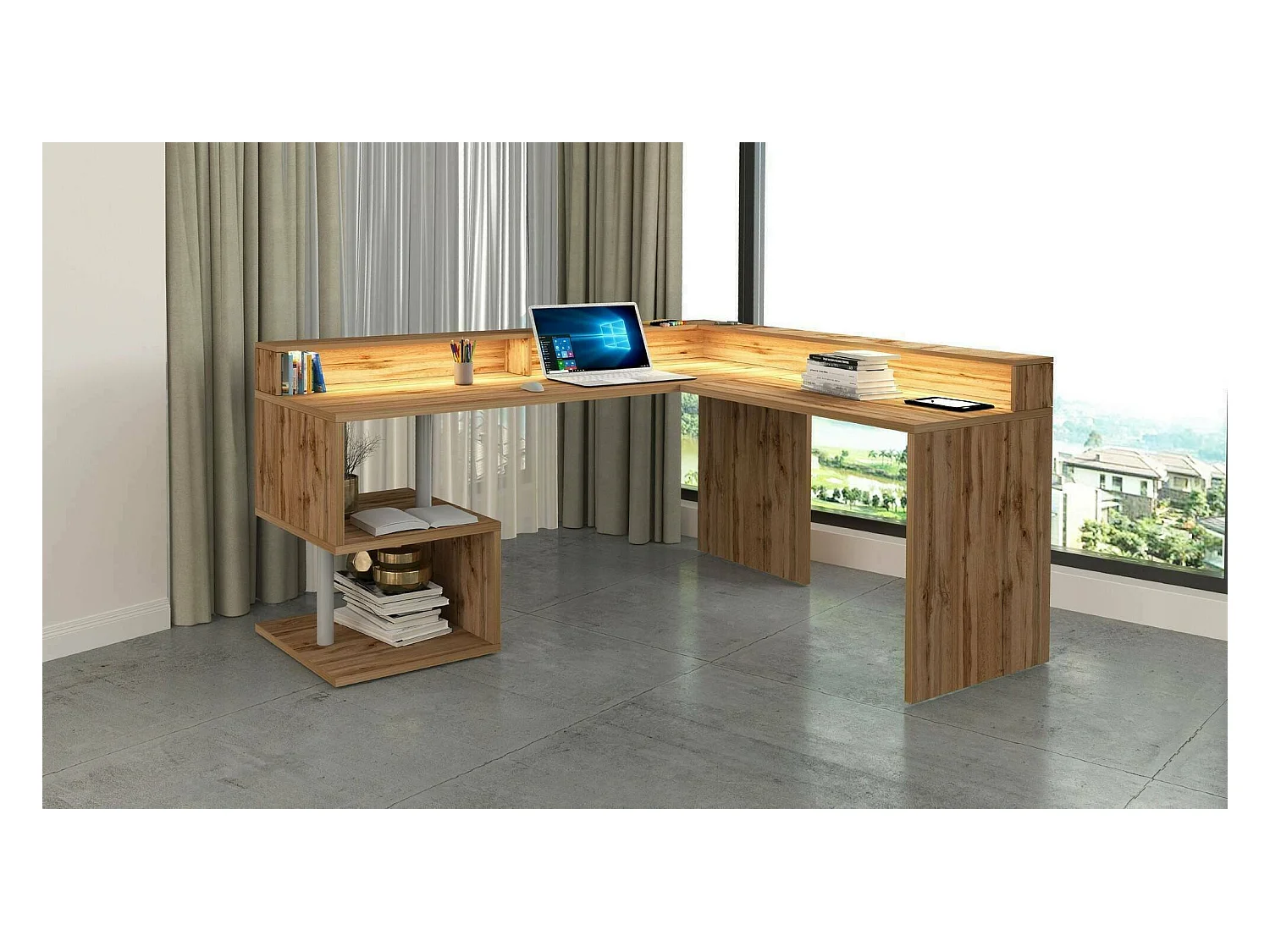 Bureau Albert, Bureau d'angle avec étagères de rangement avec lampes LED, Bureau polyvalent avec plateau, 180x60h93 cm, Chêne