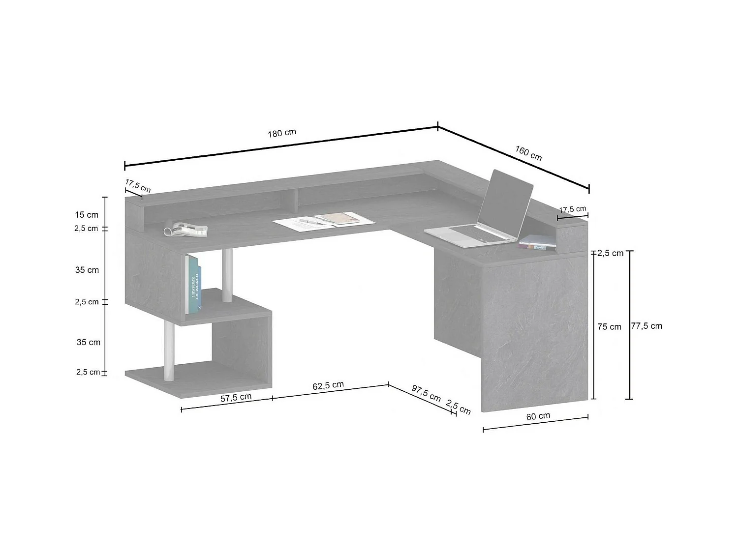 Bureau Albert, Bureau d'angle avec étagères de rangement avec lampes LED, Bureau polyvalent avec plateau, 180x60h93 cm, Chêne