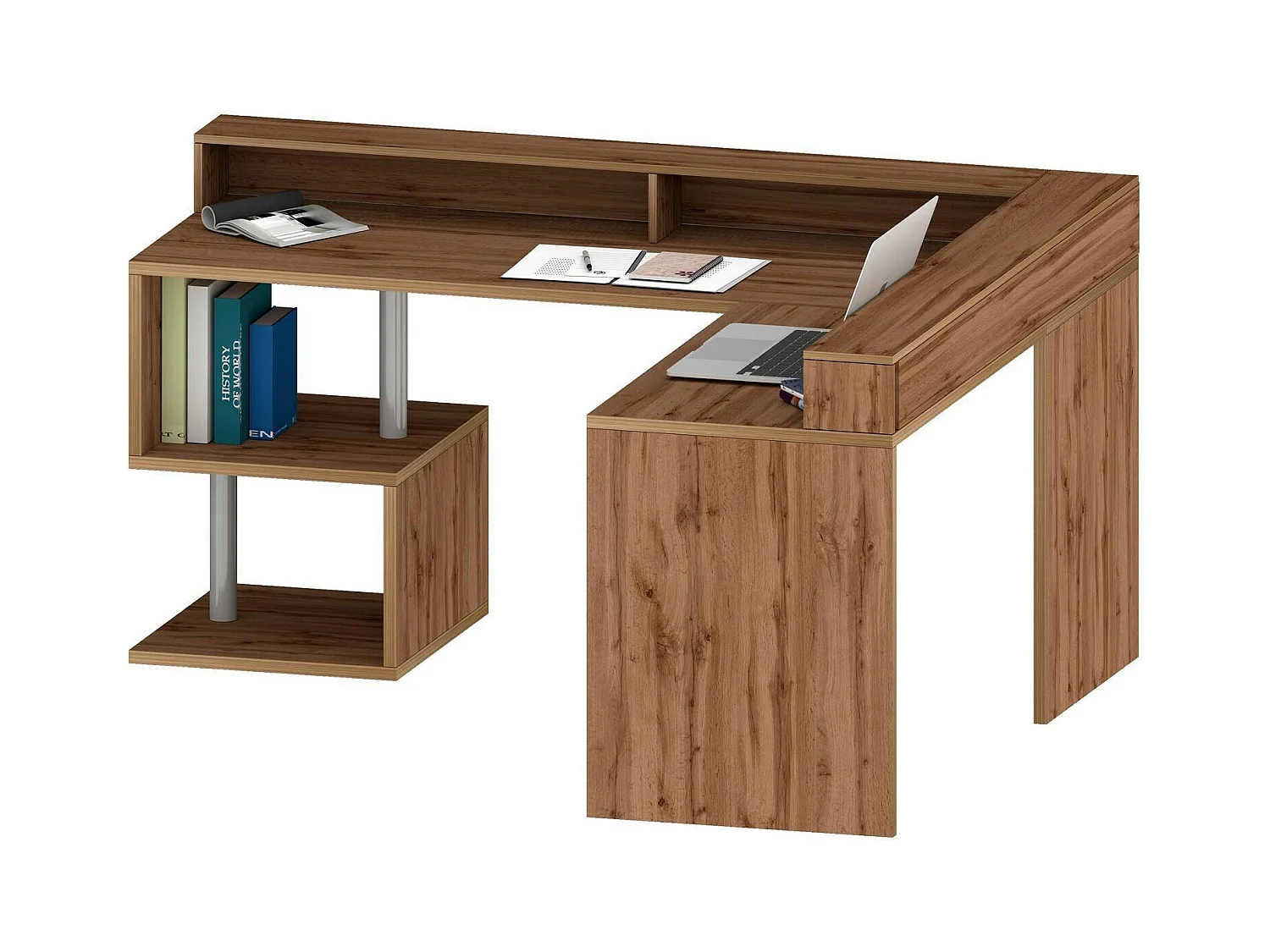 Bureau Albert, Bureau d'angle avec étagères de rangement avec lampes LED, Bureau polyvalent avec plateau, 180x60h93 cm, Chêne