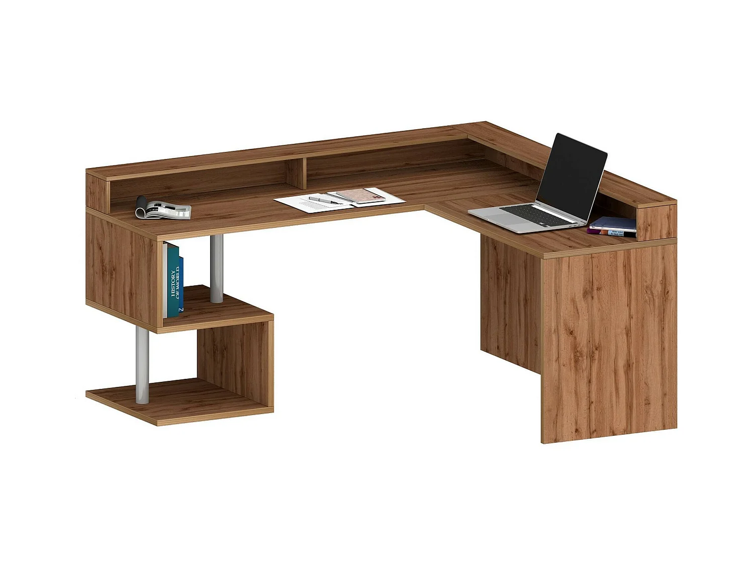 Bureau Albert, Bureau d'angle avec étagères de rangement avec lampes LED, Bureau polyvalent avec plateau, 180x60h93 cm, Chêne
