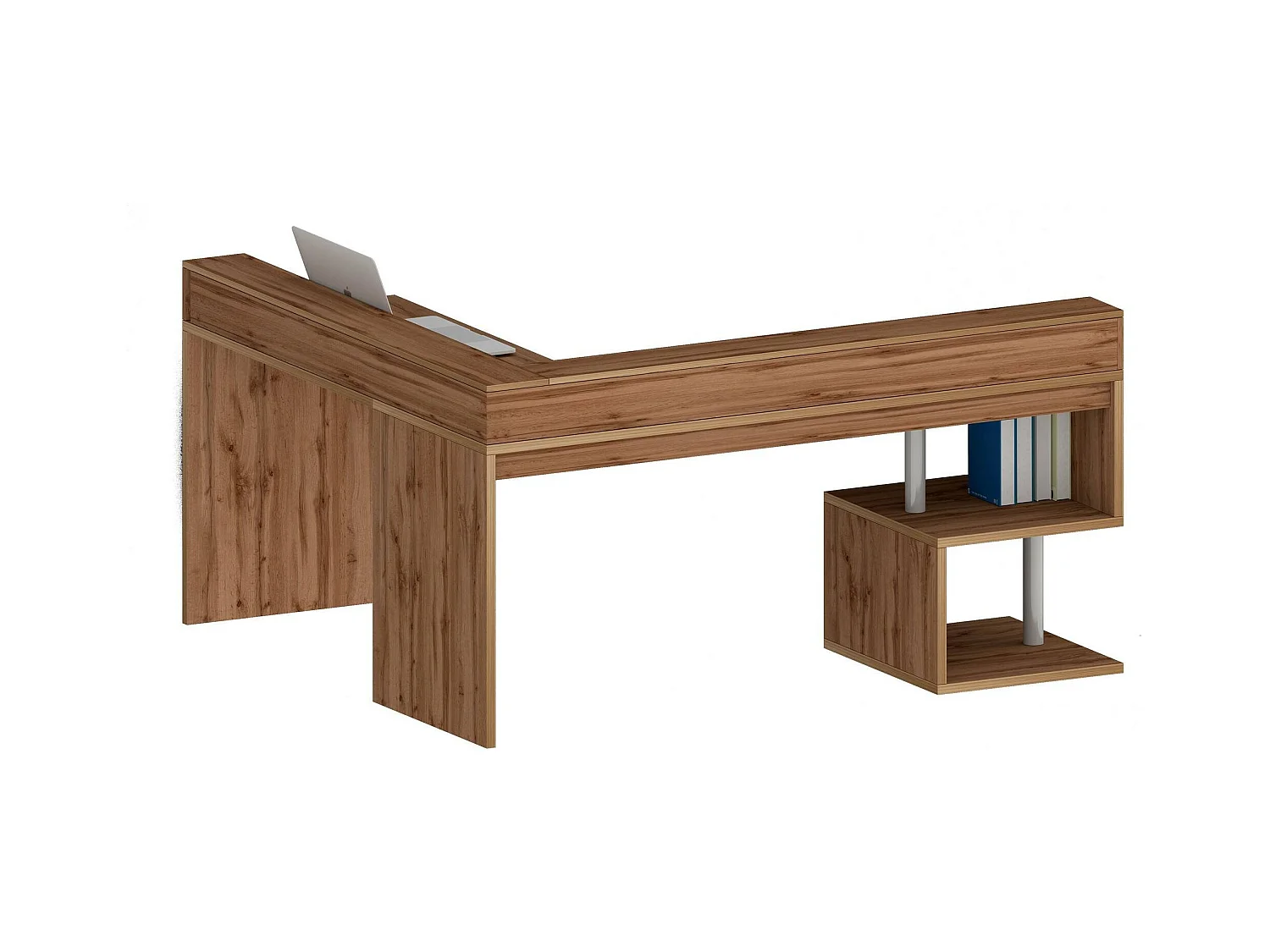 Bureau Albert, Bureau d'angle avec étagères de rangement avec lampes LED, Bureau polyvalent avec plateau, 180x60h93 cm, Chêne