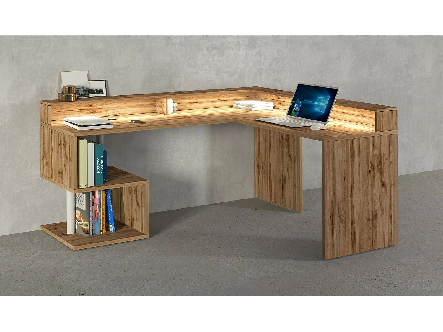Bureau Albert, Bureau d'angle avec étagères de rangement avec lampes LED, Bureau polyvalent avec plateau, 180x60h93 cm, Chêne