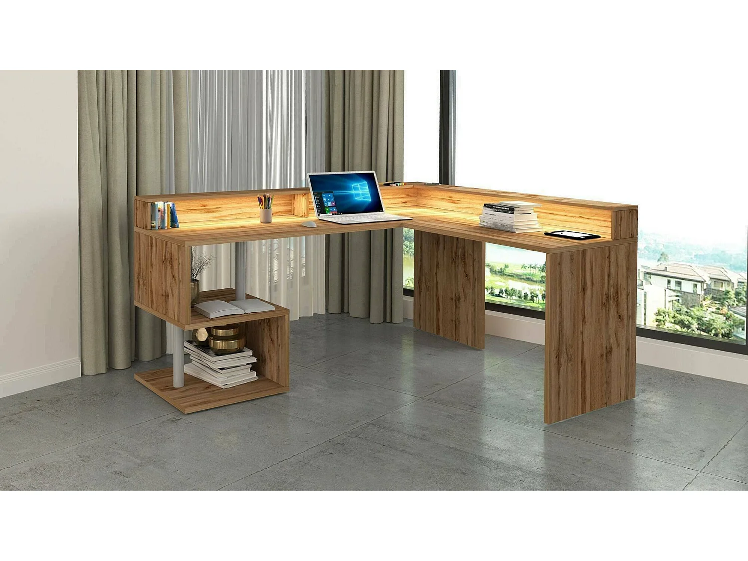 Dcalhanogl Bureau, Hoekbureau met Opbergplanken en LED Verlichting, Multifunctioneel Bureau met Ouverture, 180x60h93 cm, Eiken