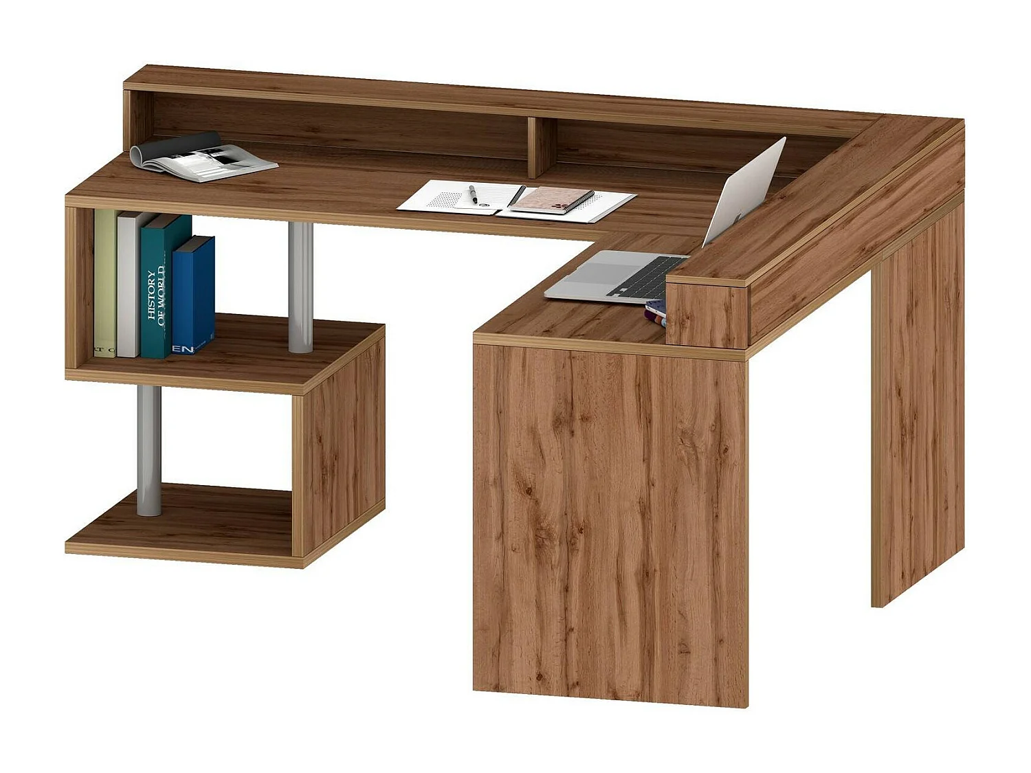 Bureau Albert, Bureau d'angle avec étagères de rangement avec lampes LED, Bureau polyvalent avec plateau, 180x60h93 cm, Chêne
