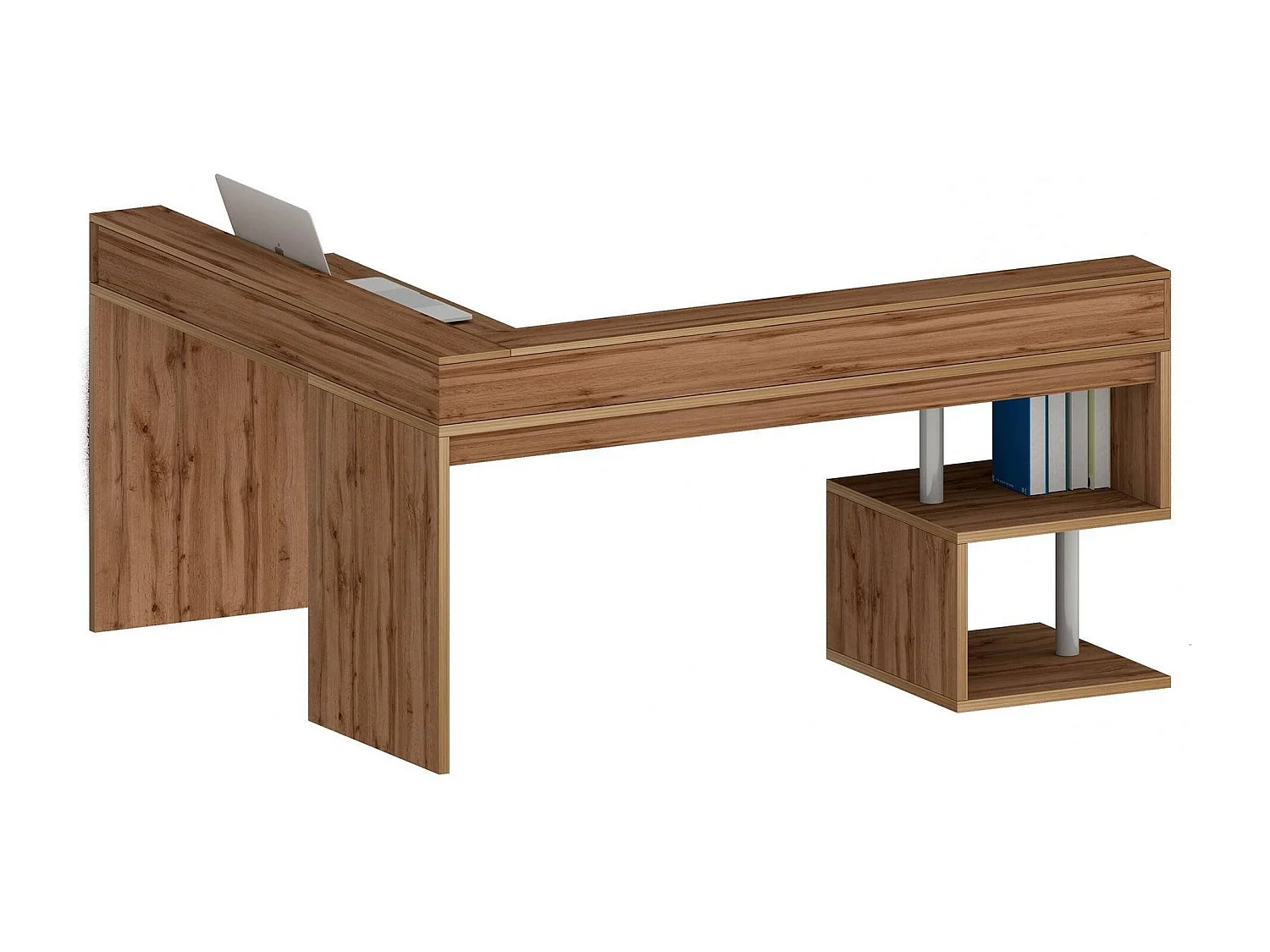 Bureau Albert, Bureau d'angle avec étagères de rangement avec lampes LED, Bureau polyvalent avec plateau, 180x60h93 cm, Chêne