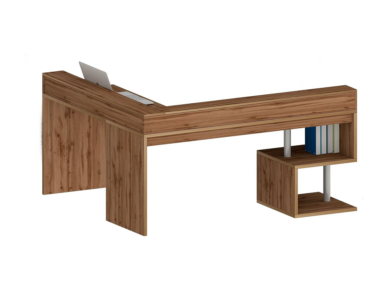 Dcalhanogl Bureau, Hoekbureau met Opbergplanken en LED Verlichting, Multifunctioneel Bureau met Ouverture, 180x60h93 cm, Eiken