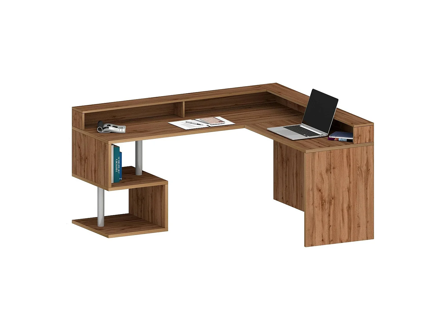 Dcalhanogl Bureau, Hoekbureau met Opbergplanken en LED Verlichting, Multifunctioneel Bureau met Ouverture, 180x60h93 cm, Eiken