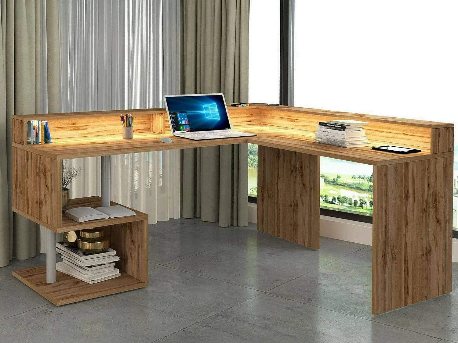Dcalhanogl Bureau, Hoekbureau met Opbergplanken en LED Verlichting, Multifunctioneel Bureau met Ouverture, 180x60h93 cm, Eiken