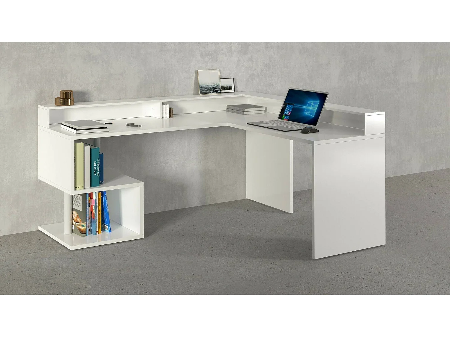 Secretária DcharPentie, Mesa de canto com prateleiras de armazenamento, Mesa de escritório multiuso com salto, 180x60h93 cm, Branco