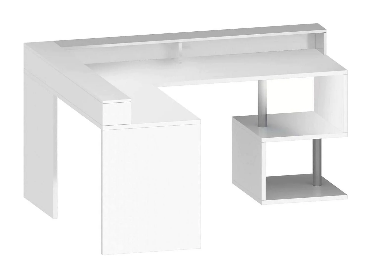 Dchar bureauPentie, Hoekbureau met opbergplanken, Multifunctioneel bureau met sprong, 180x60h93 cm, Wit
