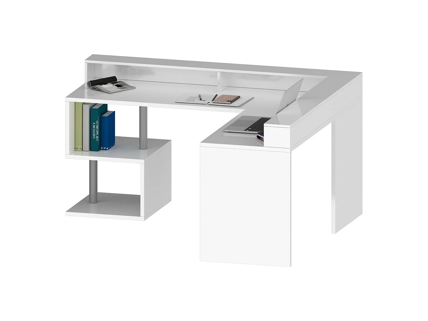 Dchar bureauPentie, Hoekbureau met opbergplanken, Multifunctioneel bureau met sprong, 180x60h93 cm, Wit
