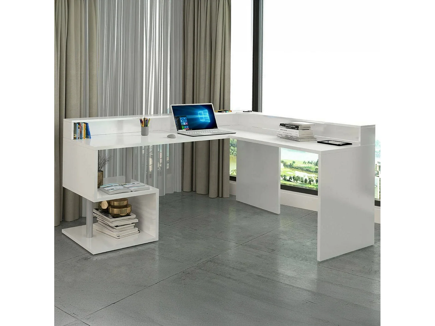 Dchar bureauPentie, Hoekbureau met opbergplanken, Multifunctioneel bureau met sprong, 180x60h93 cm, Wit