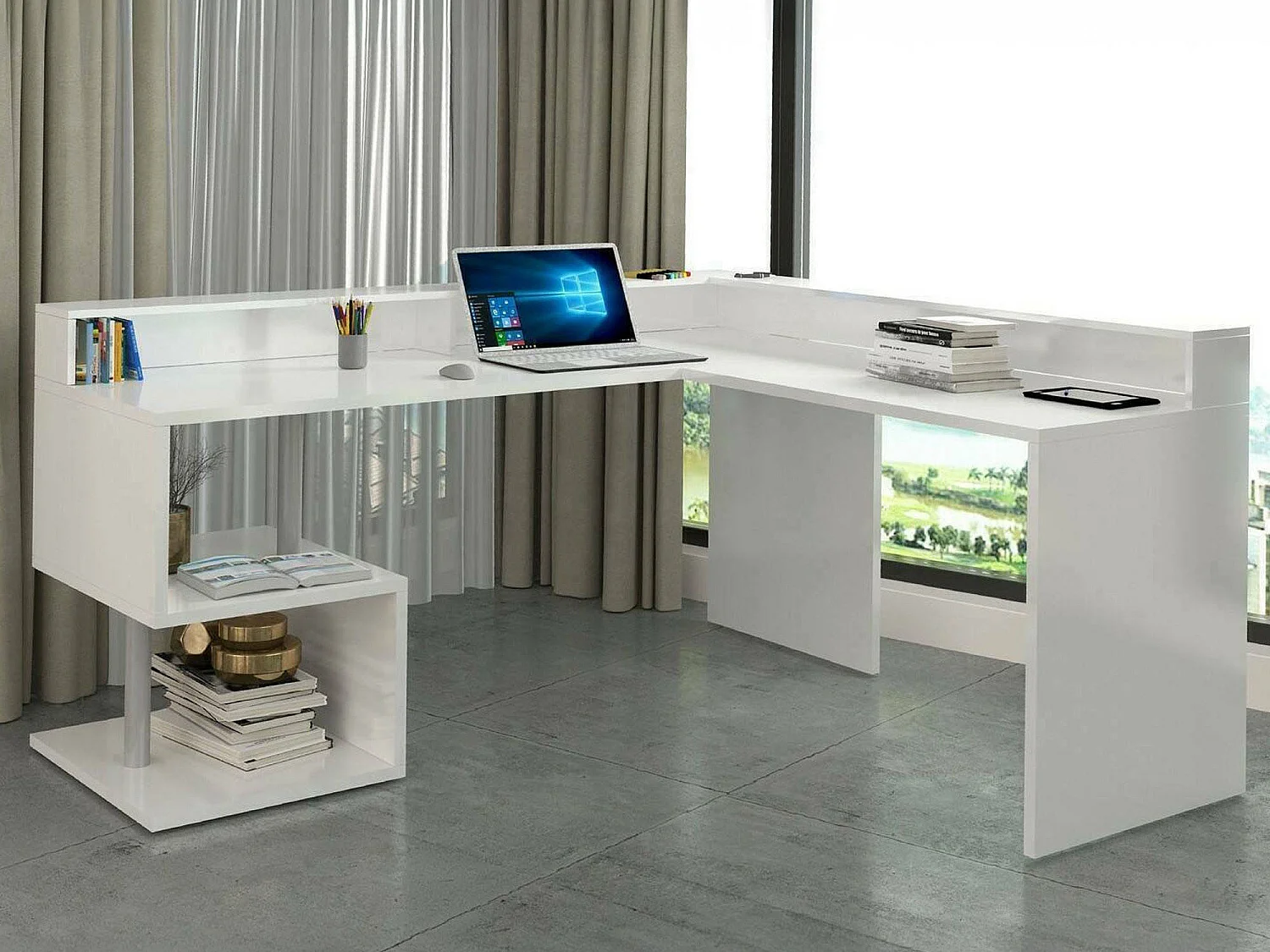 Dchar bureauPentie, Hoekbureau met opbergplanken, Multifunctioneel bureau met sprong, 180x60h93 cm, Wit