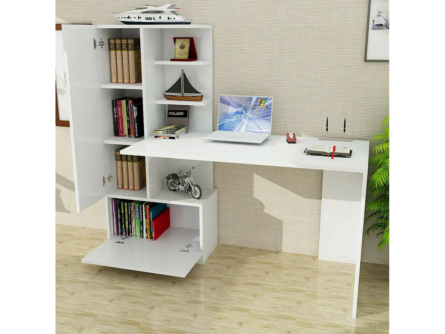 Mesa Dfrabott, Mesa multiuso, Mesa de escritório com suporte para PC, Bancada, 150x62h140 cm, Branco