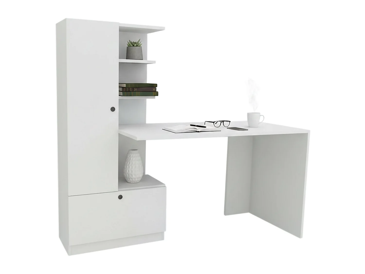 Dfrabott Bureau, Multifunctioneel Bureau, PC Houder Bureau Tafel, Werkblad, 150x62h140 cm, Wit