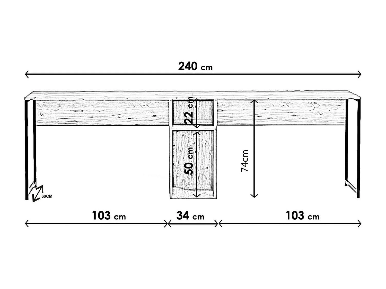 Escritorio Dferguso, Escritorio multiusos, Mesa de oficina para PC, El plan de trabajo, 240x60h74 cm, Roble
