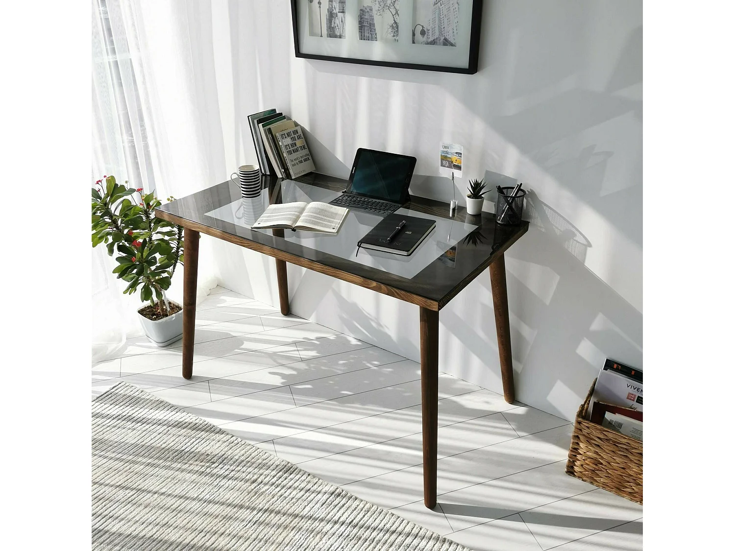 Schreibtisch Dlojacon, Mehrzweckschreibtisch, Bürotisch für PC, Eckschreibtisch, 110x60h73 cm, Nussbaum