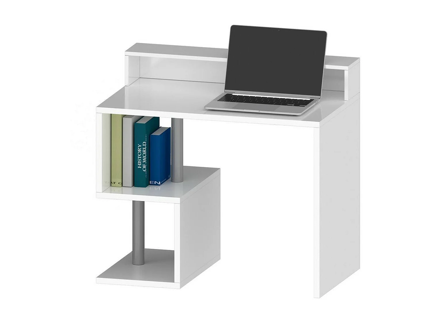 Bureau Silvio, Bureau linéaire avec étagères de rangement, Bureau polyvalent avec plateau, 100x50h93 cm, Blanc