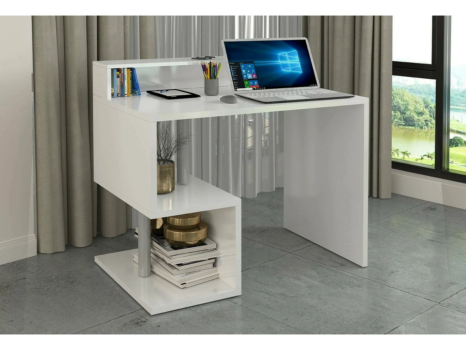Bureau Silvio, Bureau linéaire avec étagères de rangement, Bureau polyvalent avec plateau, 100x50h93 cm, Blanc
