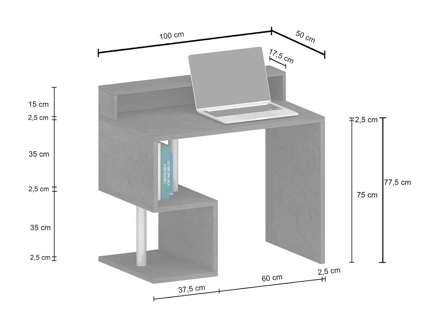 Mesa DchIchizol, Mesa de trabalho linear com prateleiras de armazenamento, Mesa de escritório multiuso com salto, 100x50h93 cm, Branco