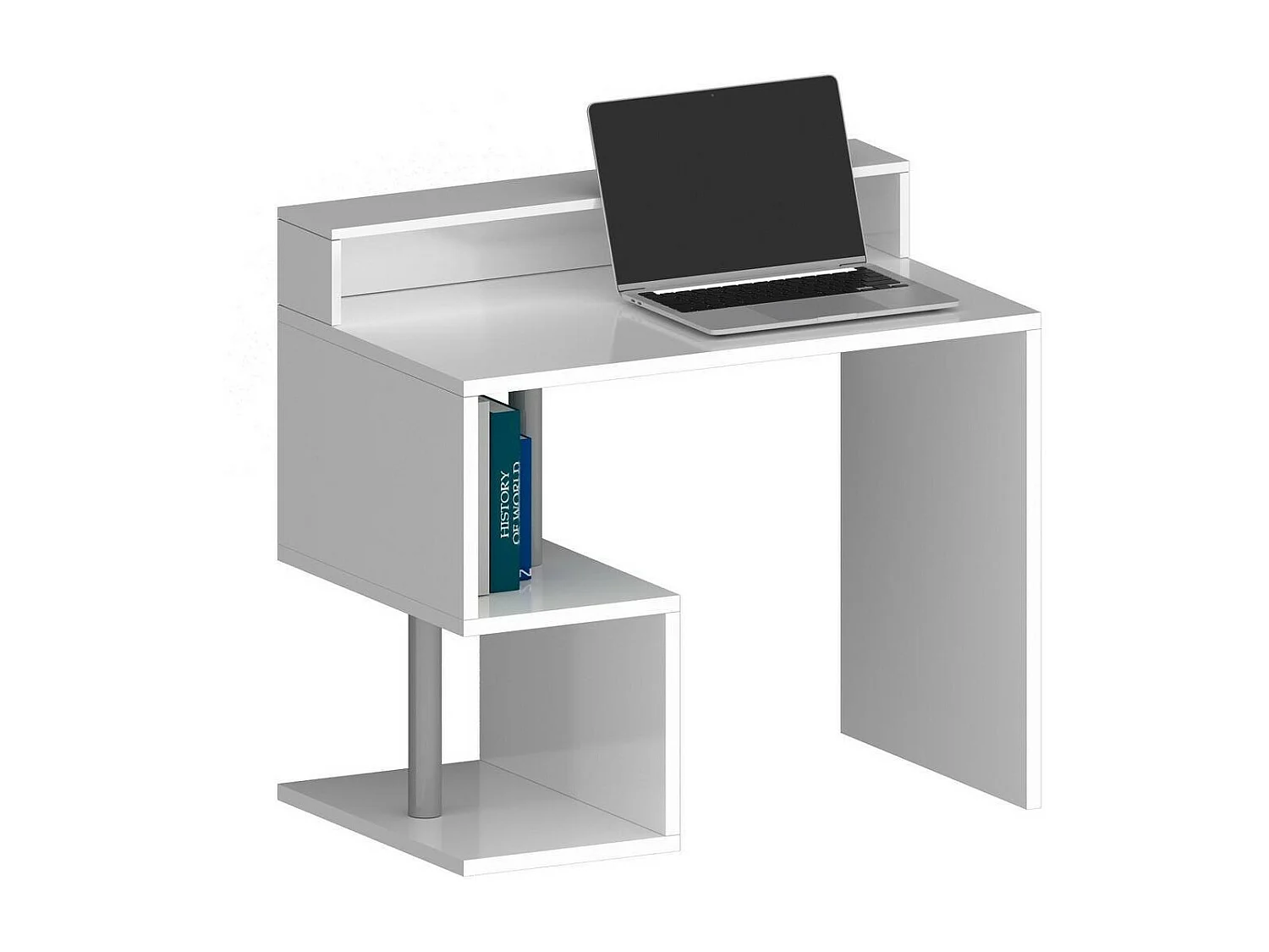 Mesa DchIchizol, Mesa de trabalho linear com prateleiras de armazenamento, Mesa de escritório multiuso com salto, 100x50h93 cm, Branco