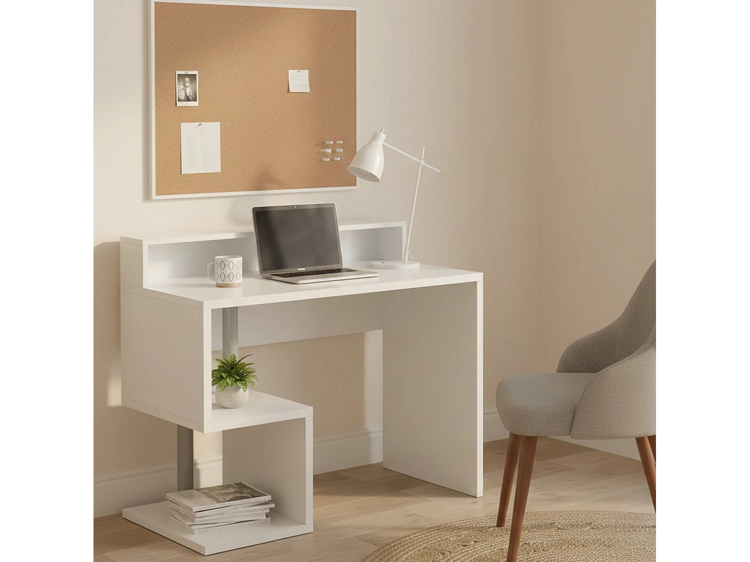 Bureau DchIchizol, Lineair Bureau met oprekplanken, Multifunctioneel kantoor Bureau met bovenzeil, 100x50h93 cm, Wit