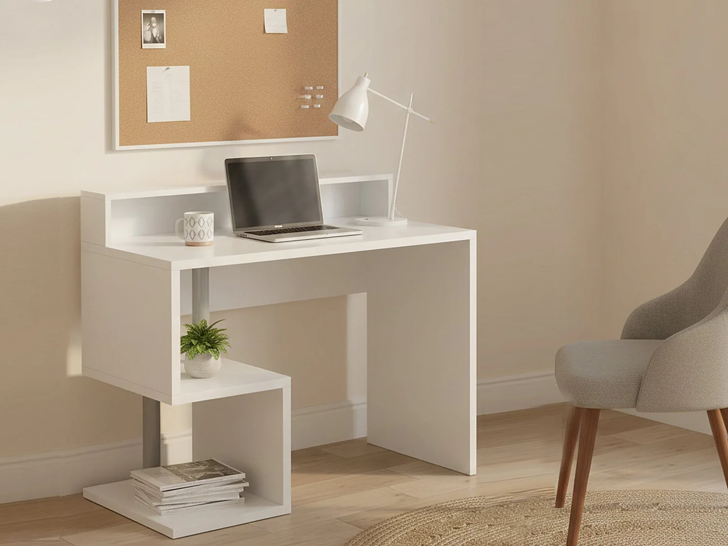 Bureau Silvio, Bureau linéaire avec étagères de rangement, Bureau polyvalent avec plateau, 100x50h93 cm, Blanc