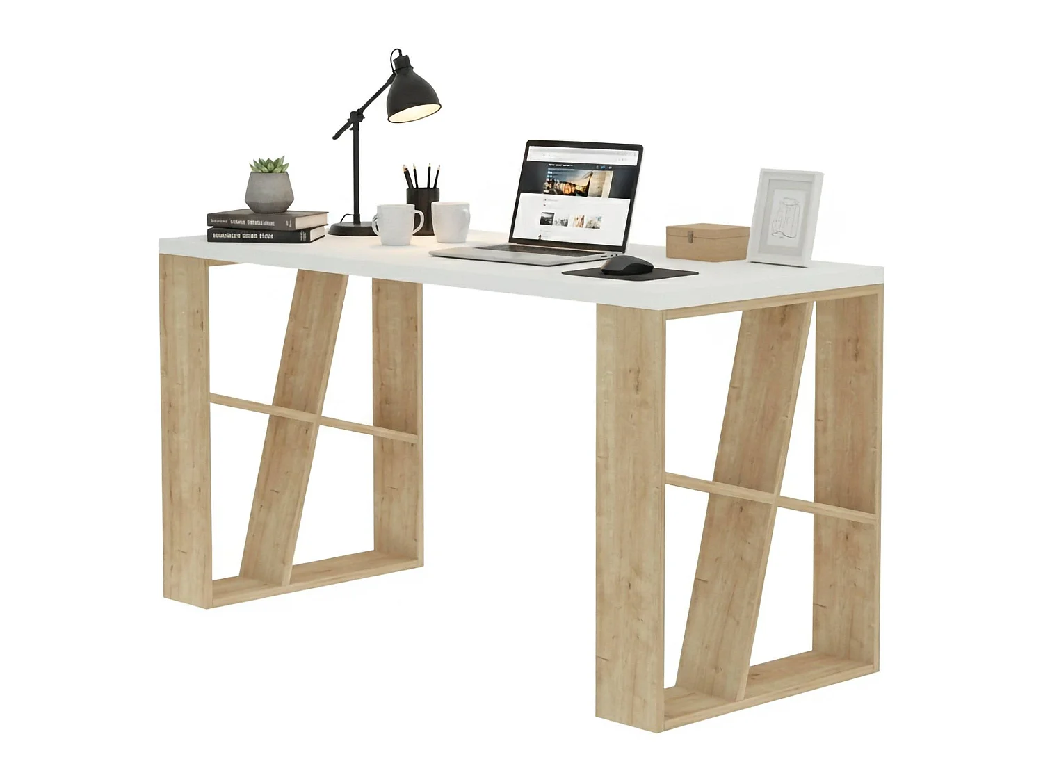 Bureau Keid, Pupitre polyvalent, Table de bureau pour PC, Plan de travail, 140x60h75 cm, Blanc et chêne