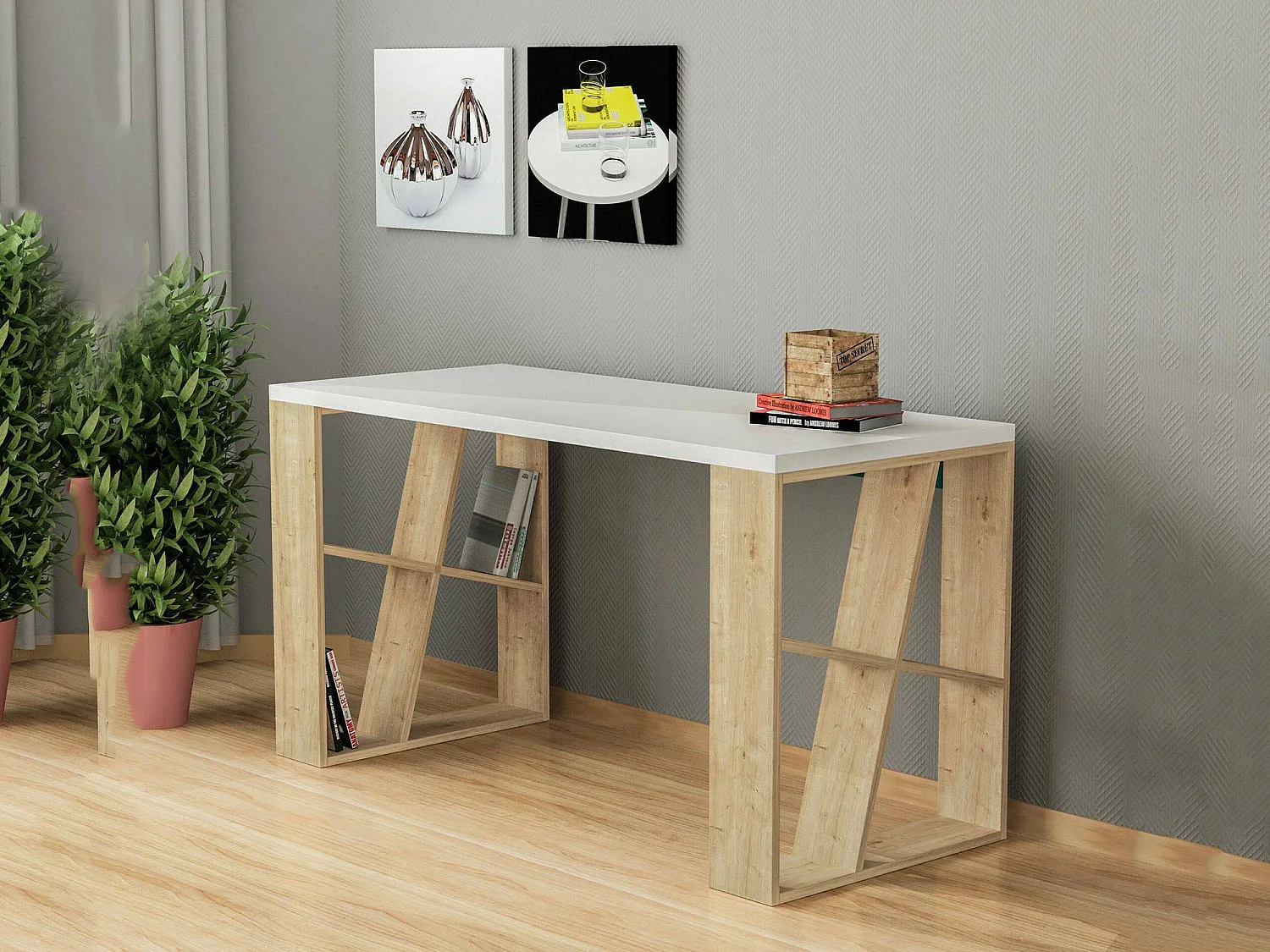 Bureau Keid, Pupitre polyvalent, Table de bureau pour PC, Plan de travail, 140x60h75 cm, Blanc et chêne