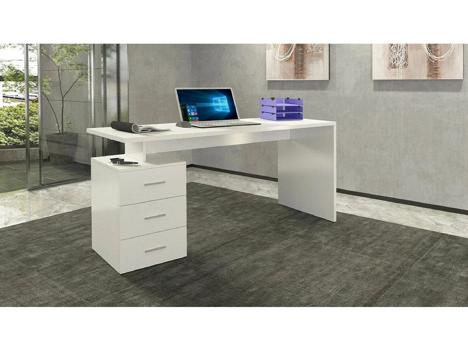 Bureau Siro, Bureau linéaire, Bureau polyvalent, Bureau multiposition gain de place, 160x60h75 cm, Blanc