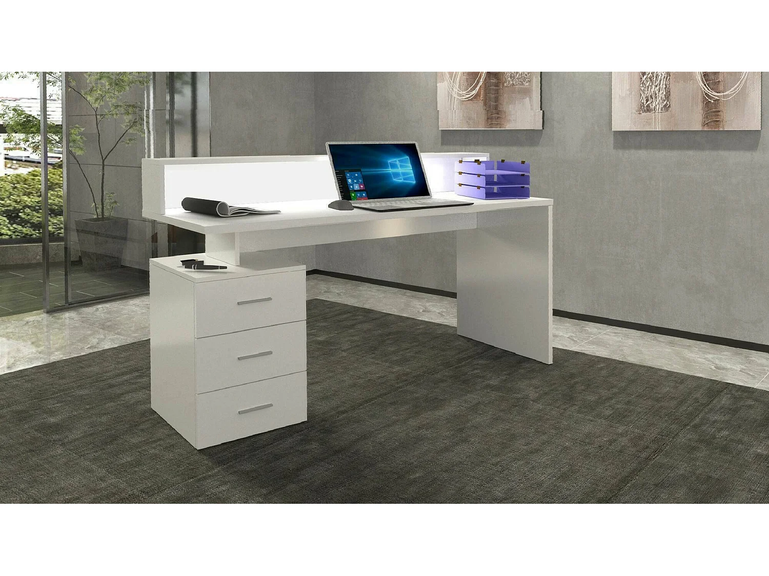 Bureau Alexandre, Bureau avec plateau et lampes LED, Bureau polyvalent, Bureau gain de place multi-positions, 160x60h90 cm, Blanc