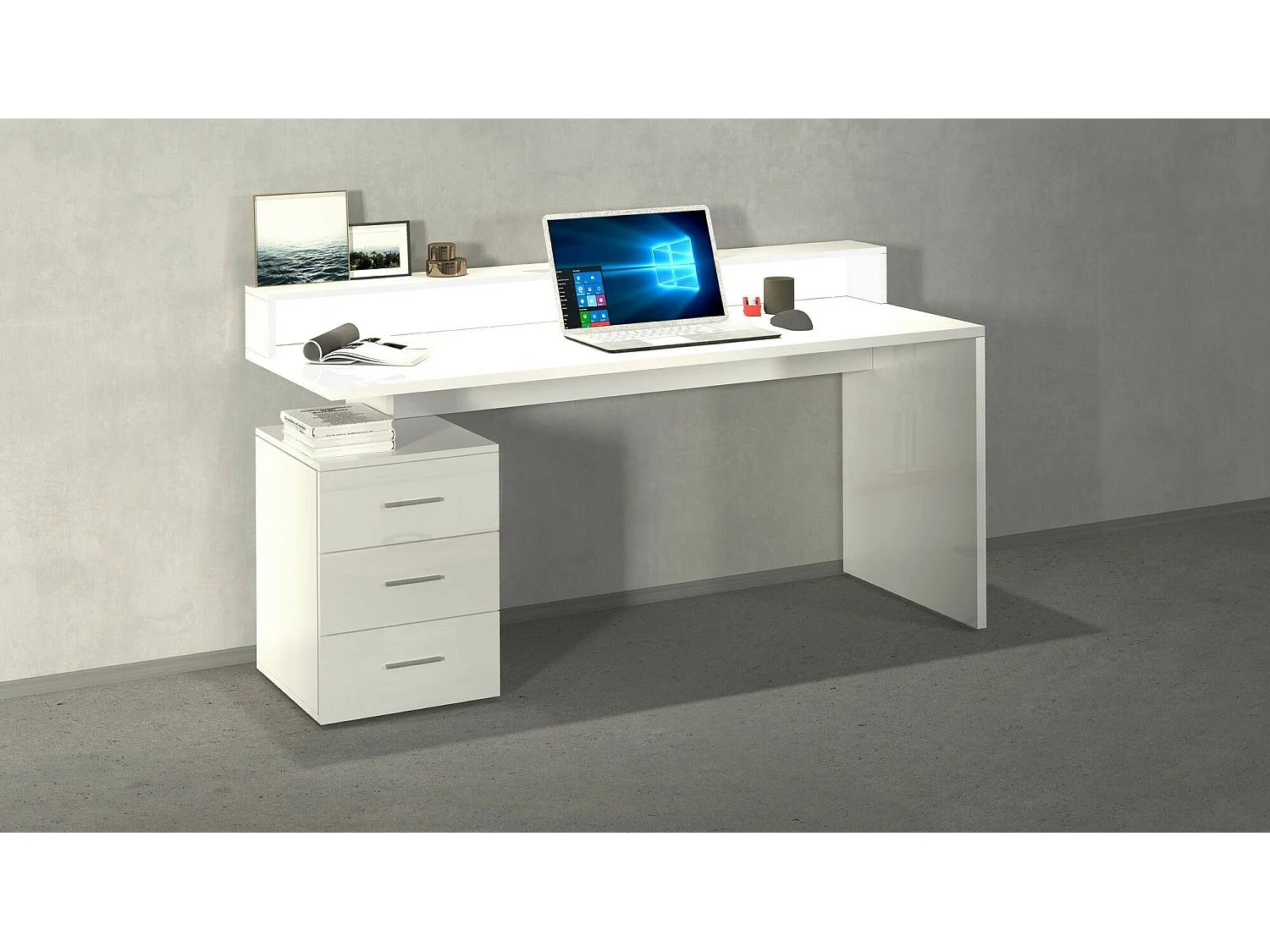 Bureau Alexandre, Bureau avec plateau et lampes LED, Bureau polyvalent, Bureau gain de place multi-positions, 160x60h90 cm, Blanc