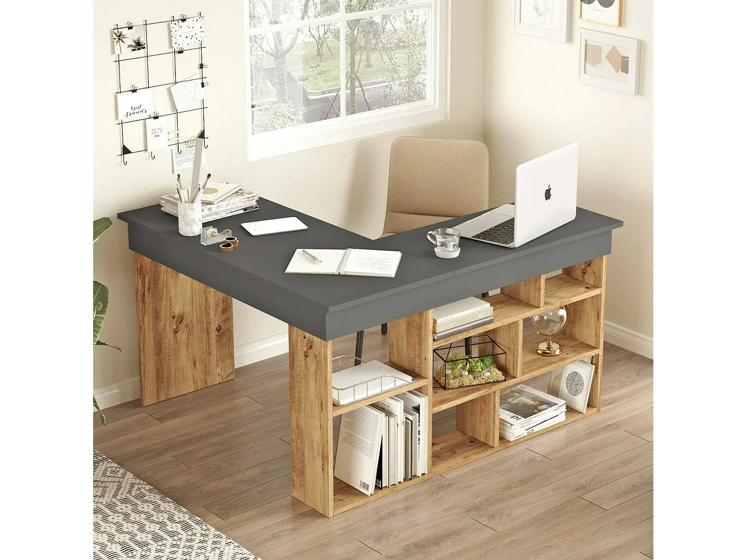 Bureau Angete, Pupitre polyvalent, Table de bureau pour PC, Plan de travail, 129x120h72 cm, Chêne et Noir