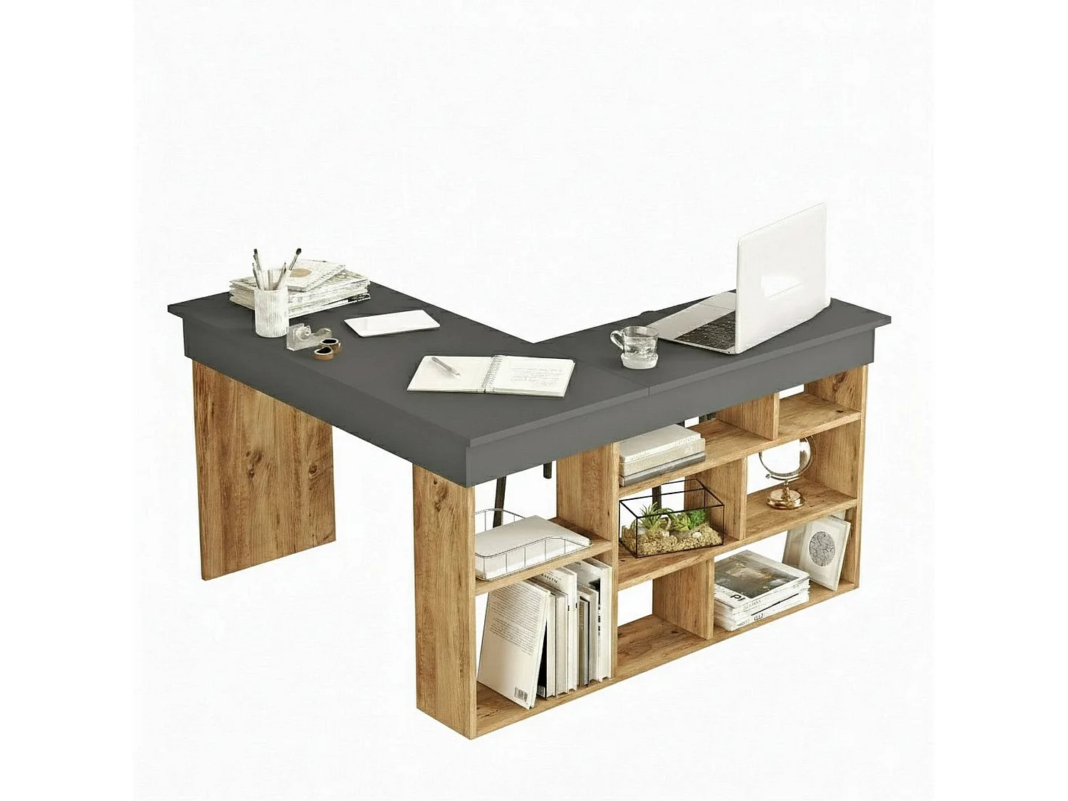 Bureau Angete, Pupitre polyvalent, Table de bureau pour PC, Plan de travail, 129x120h72 cm, Chêne et Noir