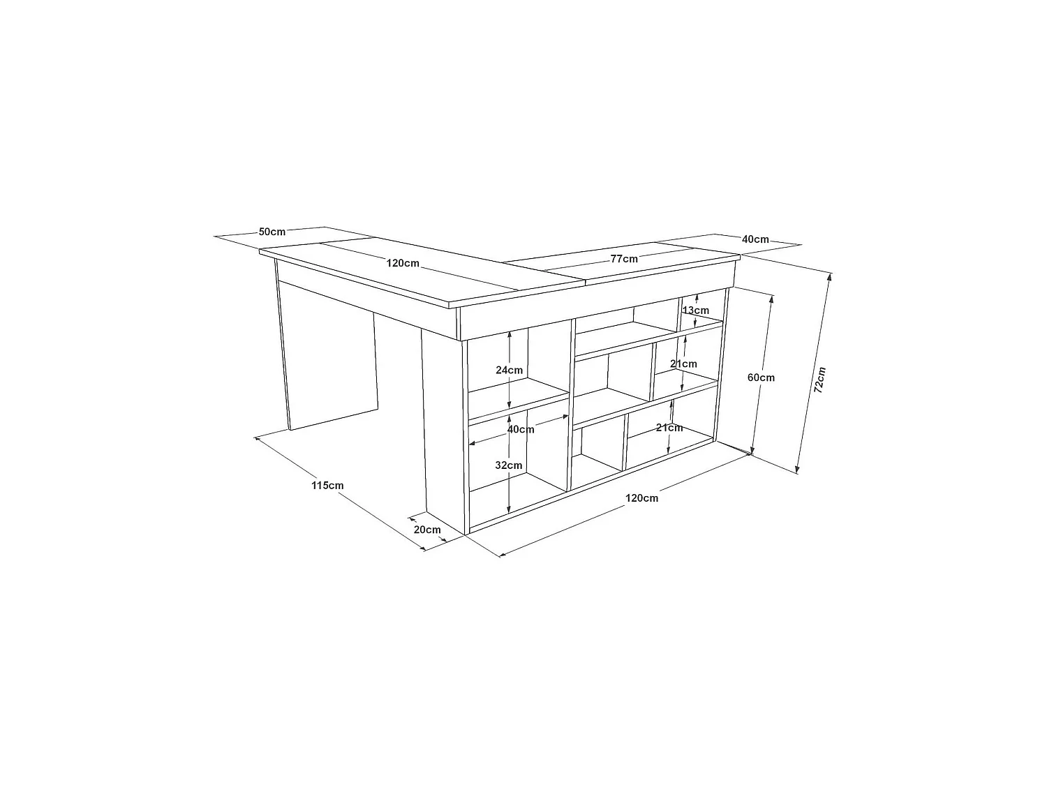 Bureau Angete, Pupitre polyvalent, Table de bureau pour PC, Plan de travail, 129x120h72 cm, Chêne et Noir
