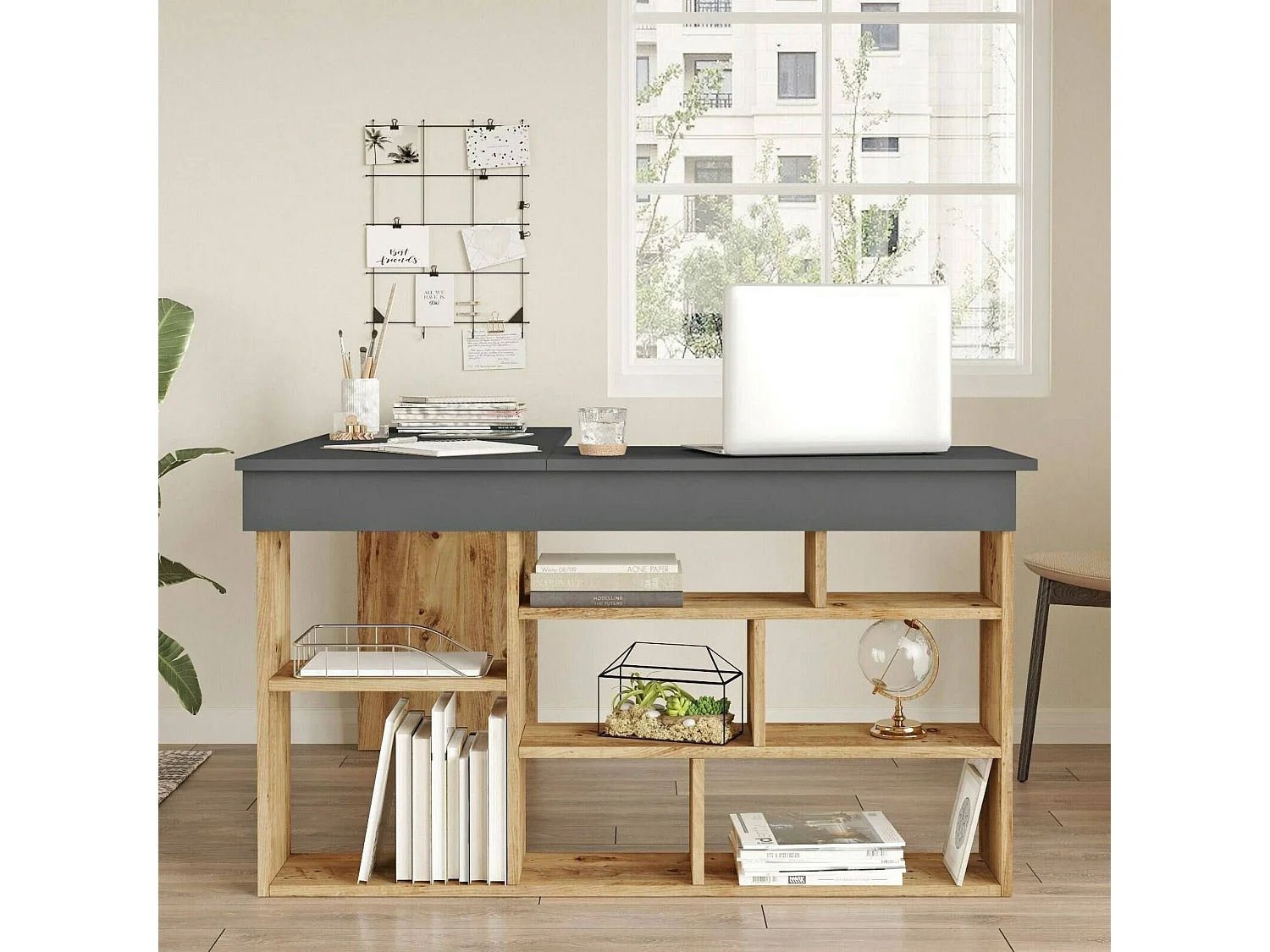 Bureau Angete, Pupitre polyvalent, Table de bureau pour PC, Plan de travail, 129x120h72 cm, Chêne et Noir