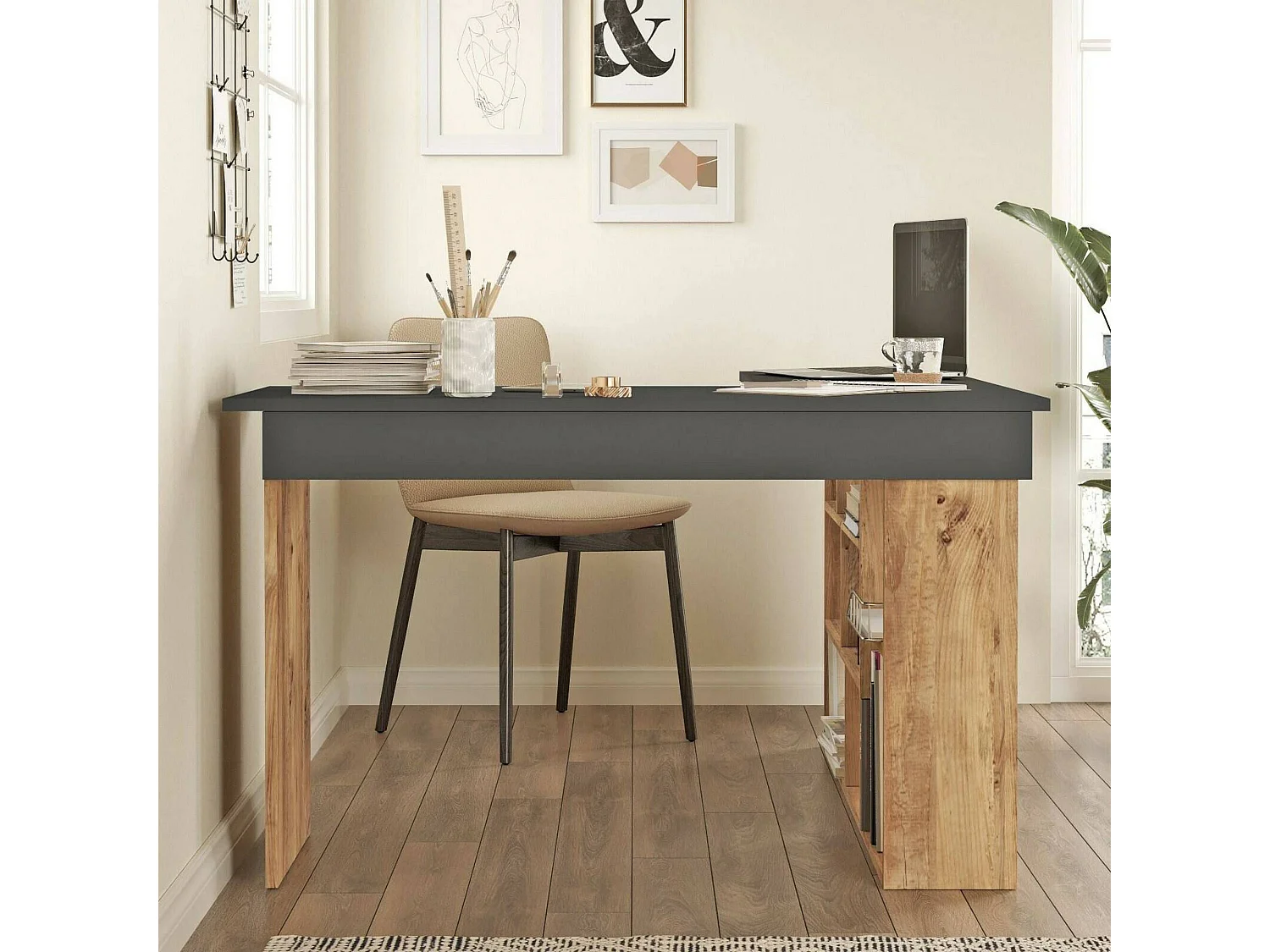 Bureau Angete, Pupitre polyvalent, Table de bureau pour PC, Plan de travail, 129x120h72 cm, Chêne et Noir
