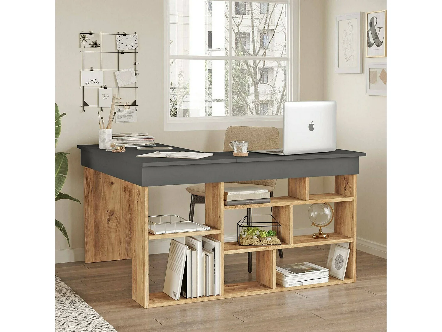 Bureau Angete, Pupitre polyvalent, Table de bureau pour PC, Plan de travail, 129x120h72 cm, Chêne et Noir
