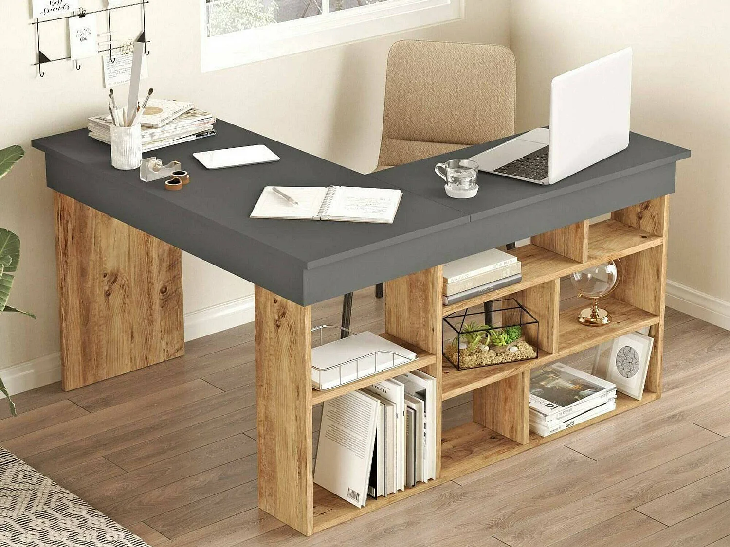 Bureau Angete, Pupitre polyvalent, Table de bureau pour PC, Plan de travail, 129x120h72 cm, Chêne et Noir