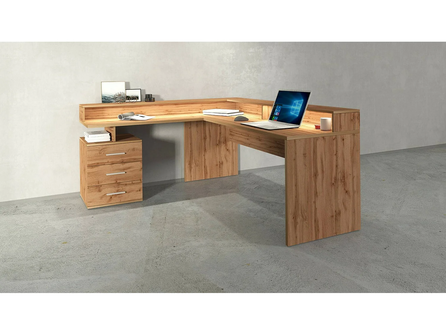 Bureau Salomone, Bureau d'angle avec plateau, Bureau polyvalent, 180x90h160 cm, Chêne