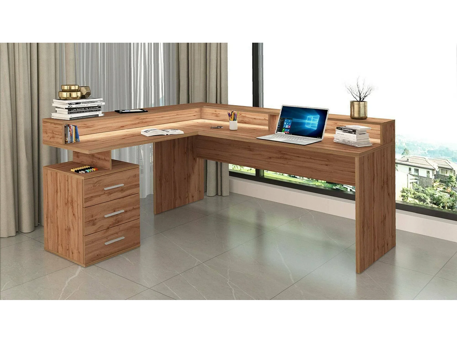 Dcerretell Bureau, Hoekbureau met Hendel, Multifunctioneel Bureau, 180x90h160 cm, Eiken